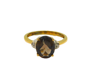 Gold On Sterling Silver Smoky Quartz & Diamond Dress Ring Modern c2000 Size O