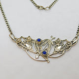 Sterling Silver Lapis Lazuli Heart & Floral Filigree Curb Necklace Modern c1990