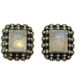 Pair of Sterling Silver Carved Clover On Moonstone Stud Earrings Vintage c1970