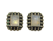Pair of Sterling Silver Carved Clover On Moonstone Stud Earrings Vintage c1970
