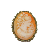 Sterling Silver Marcasite & Carved Shell Cameo Oval Brooch Pin Antique c1930s