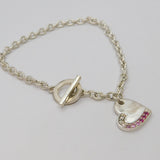 Sterling Silver Pink Crystal Set Heart Charm T-Bar Bracelet Contemporary c2000