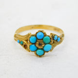 Victorian 15ct Yellow Gold, Turquoise & Diamond Floral Cluster Ring Antique
