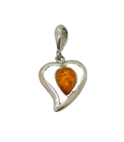 Sterling Silver Baltic Amber Curvy Open Heart Charm Pendant Vintage c1970