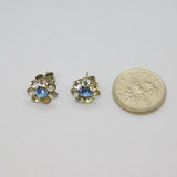 Pair of Sterling Silver Clear & Blue Crystal Flower Stud Earrings Modern c2000