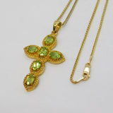 Sterling Silver Gilt Peridot Set Cross Pendant Necklace Vintage c1990s