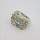Sterling Silver Enamel Flowers & CZ Chunky Band Ring Vintage 2000 Size U 1/2