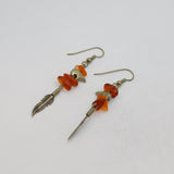 Pair of Sterling Silver Carnelian, Bear & Feather Drop Earrings Vintage c1970