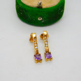 9ct yellow Gold, Amethyst & Spinel Set Drop Stud Earrings Vintage c1980