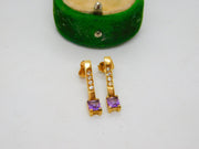 9ct yellow Gold, Amethyst & Spinel Set Drop Stud Earrings Vintage c1980
