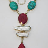 Sterling Silver Turquoise, Pearl & Rough Natural Ruby Necklace Vintage c1990s