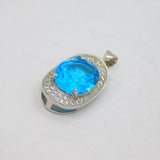 Sterling Silver Oval Cut Blue Topaz & White Topaz Drop Pendant Modern c1990s