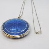 20th Century .935 Silver Blue Guilloche Enamel Compact Pendant Necklace Antique