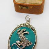 European .935 Silver, Hardstone & Paste Lizard Drop Pendant Antique c1930