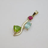 Sterling Silver Ruby, Blue Topaz & Peridot Studio Drop Pendant Modern c2000s