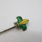 VIctorian Sterling Silver Fleur-De-Lis Green-Yellow Enamel Stick Pin Antique