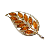 Sterling Silver Baltic Amber Leaf Form Brooch Vintage c1990