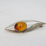 Sterling Silver & Baltic Amber Leaf Set Bar Brooch Vintage c1970s