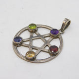 Sterling Silver Multi-Gem Set Pentagram Star Drop Pendant Vintage
