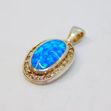 Sterling Silver Blue-Green Opal Cabochon & Spinel Oval Pendant Vintage c1970