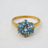 9ct Yellow Gold, Blue Topaz & Diamond Floral Cluster Ring Vintage c1990s