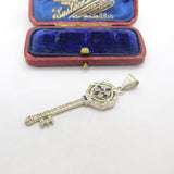 Sterling Silver & Multi-Gem Set Key Form Pendant Vintage c1980