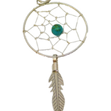 Sterling Silver Dreamcatcher With Turquoise Bead & Feather Pendant Vintage c1970