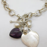 Studio Sterling Silver, Pearl, Amethyst Cable Link Chain Bracelet Vintage