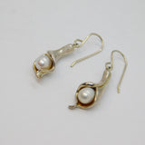 Pair of Sterling Silver Pearl Lily Form Hook Drop Earrings Contemporary c1990