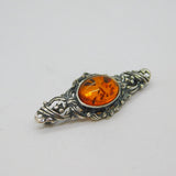 Sterling Silver Oval Baltic Amber Ornate Bar Brooch Pin Vintage c1970