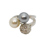 Sterling Silver White & Grey Pearl With Crystal Sphere Ring Modern c1990 Size Q