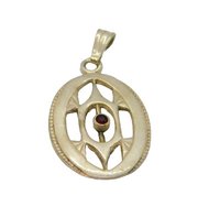 Sterling Silver Garnet Set Oval Cutwork Pendant Vintage c1970s