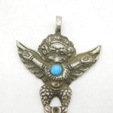 20th Century Indian White Metal Turquoise Set Winged God Pendant Antique