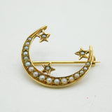Edwardian 14ct Gold & Seed Pearl, Moon & Stars Brooch Pin Antique c1910s