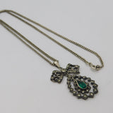 935 Silver Marcasite & Green Paste Bow & Peardrop Necklace Antique c1920's