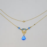 15ct Yellow Gold, Blue Glass & Pearl Lavalier Drop Necklace Antique c1930 Deco