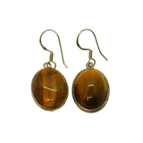 Pair of Sterling Silver Tiger's Eye Oval Form Hook Drop Earrings Vintage c1970