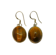 Pair of Sterling Silver Tiger's Eye Oval Form Hook Drop Earrings Vintage c1970