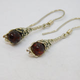 Pair of Sterling Silver Baltic Amber Studio Hook Drop Earrings Vintage c1970