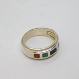 Sterling Silver Mixed Natural Stone Mosaic Style Ring Modern c1990 Size N 1/2