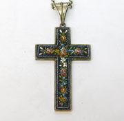 Victorian Sterling Silver Floral Micro-Mosaic Cross Necklace Antique c1860