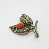 Sterling Silver Marcasite & Enamel Ladybird Leaf Form Spray Brooch Antique c1930
