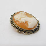 Art Deco Sterling Silver Mounted Carved Shell Cameo Brooch Antique c1920s