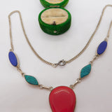 Sterling Silver, Red & Blue Hardstone Drop Necklace Vintagec 1970