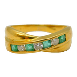 18ct Yellow Gold, Emerald & Diamond Set Crossover Ring Vintage c1970