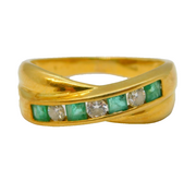 18ct Yellow Gold, Emerald & Diamond Set Crossover Ring Vintage c1970