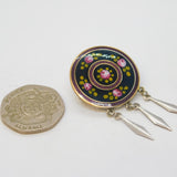 Art Deco Silver Plated & Guilloche Enamel Floral Drop Brooch Antique c1920s