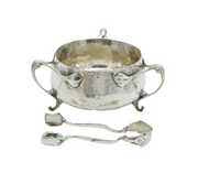 Art Nouveau Planished Sterling Silver Sugar Bowl & Tongs Antique 1906 Birmingham