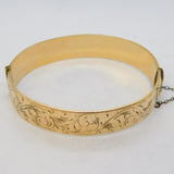 9ct Yellow Gold on Metal Core Floral Pattern Bangle Bracelet Antique c1930s