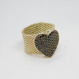 Sterling Silver Black Crystal Heart Mesh Band Ring Modern c2000 Size Q 1/2